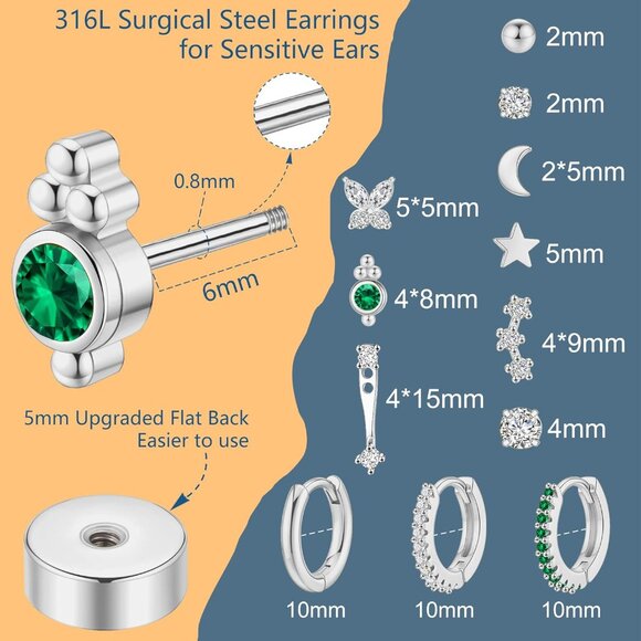 14K Gold Flat Back Dainty Earrings Set with Cubic Zirconia for Sensitive Ears, M - Picture 4 of 6